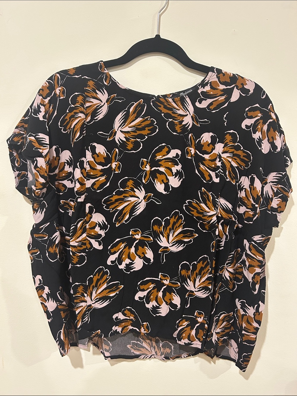 Madewell Black Floral Short-Sleeve Blouse with Brown & Pink Accents